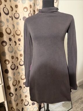 Classic Gray Ribbed Turtleneck Long Sleeve Dress